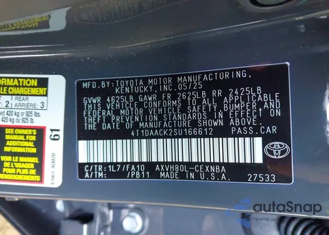 2025 Toyota Camry Le from USA, damaged, VIN 4T1DAACK2SU166612